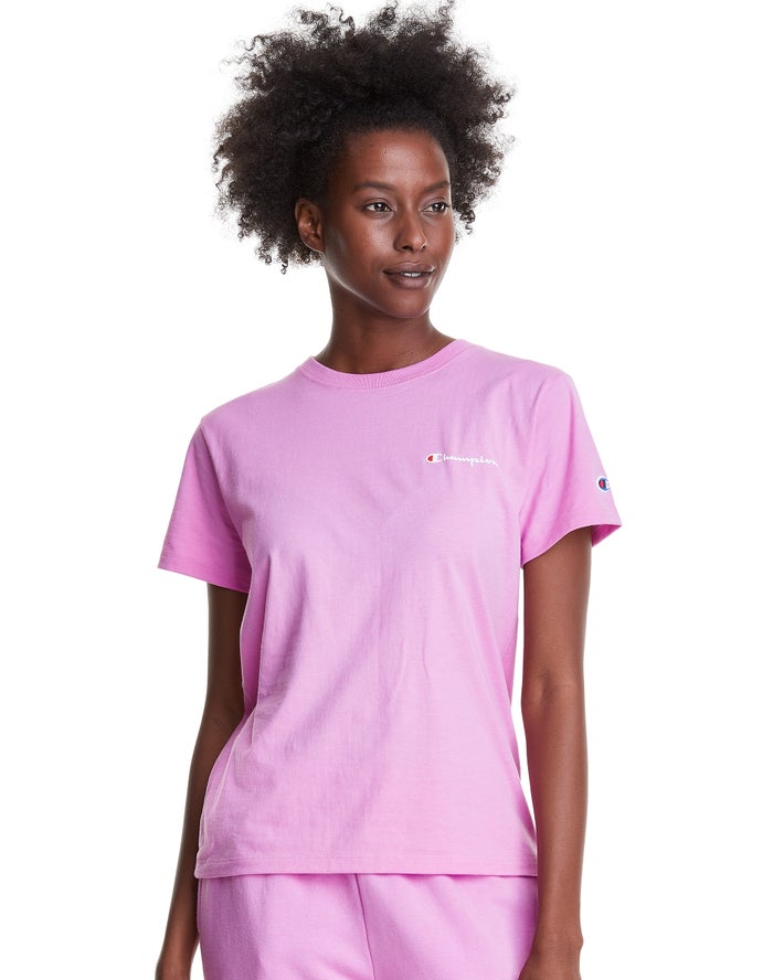 Champion Womens T-Shirt NZ - Classic Script Logo Pink ( 7345-NCOXT )